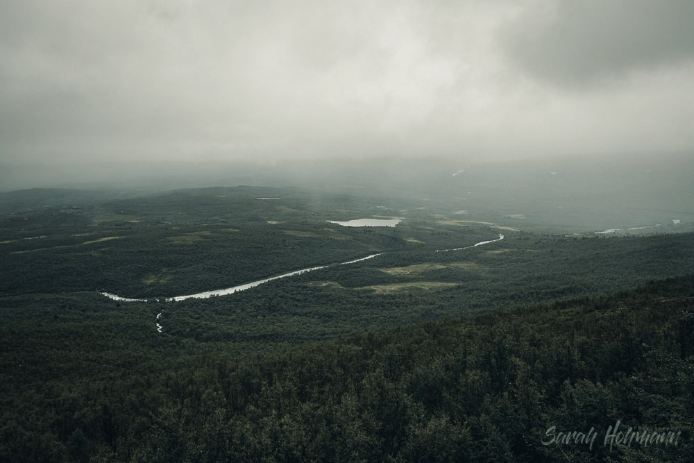 View of Abisko village in northern Sweden with lakes and canyon