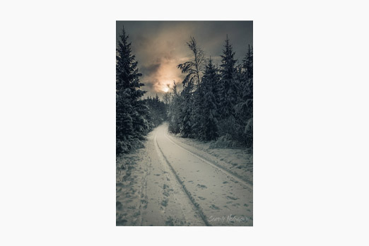 winter wonderland in southern sweden with a dramatic sky and snow trails