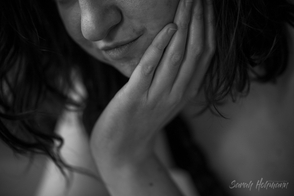 A black and white close up self portrait created during a sensual self portrait photo shooting